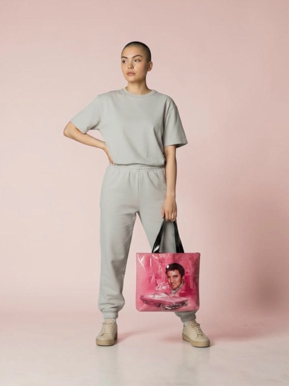 Pink Graphic Tote Bag with Black Handles Elvis Presley